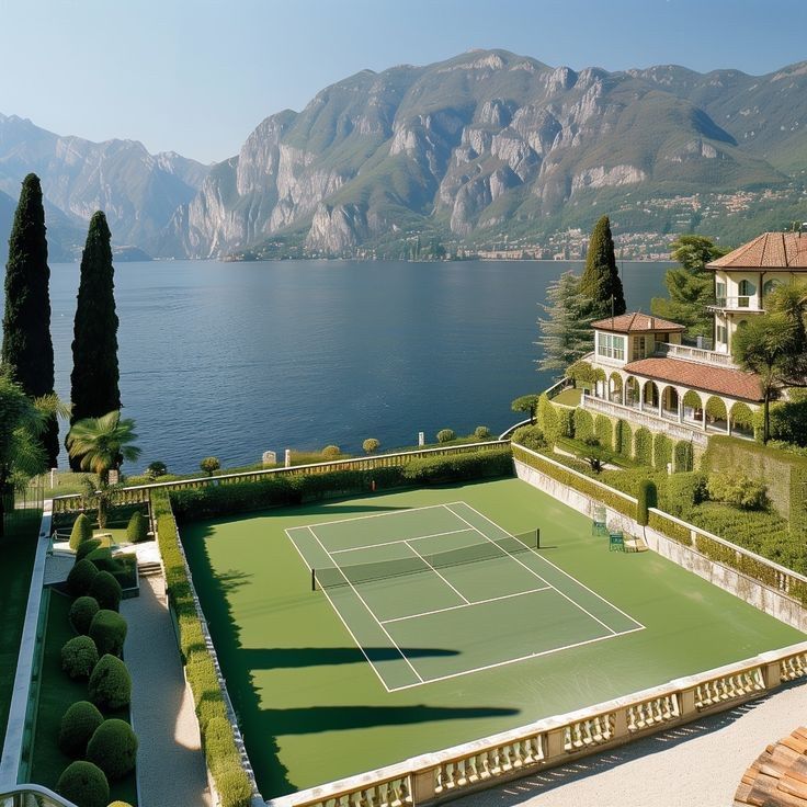 Tennis court by a mountain lake
